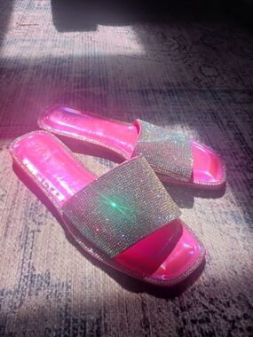 Glitter Band Pink Slide Mules with Crystal Embellishment